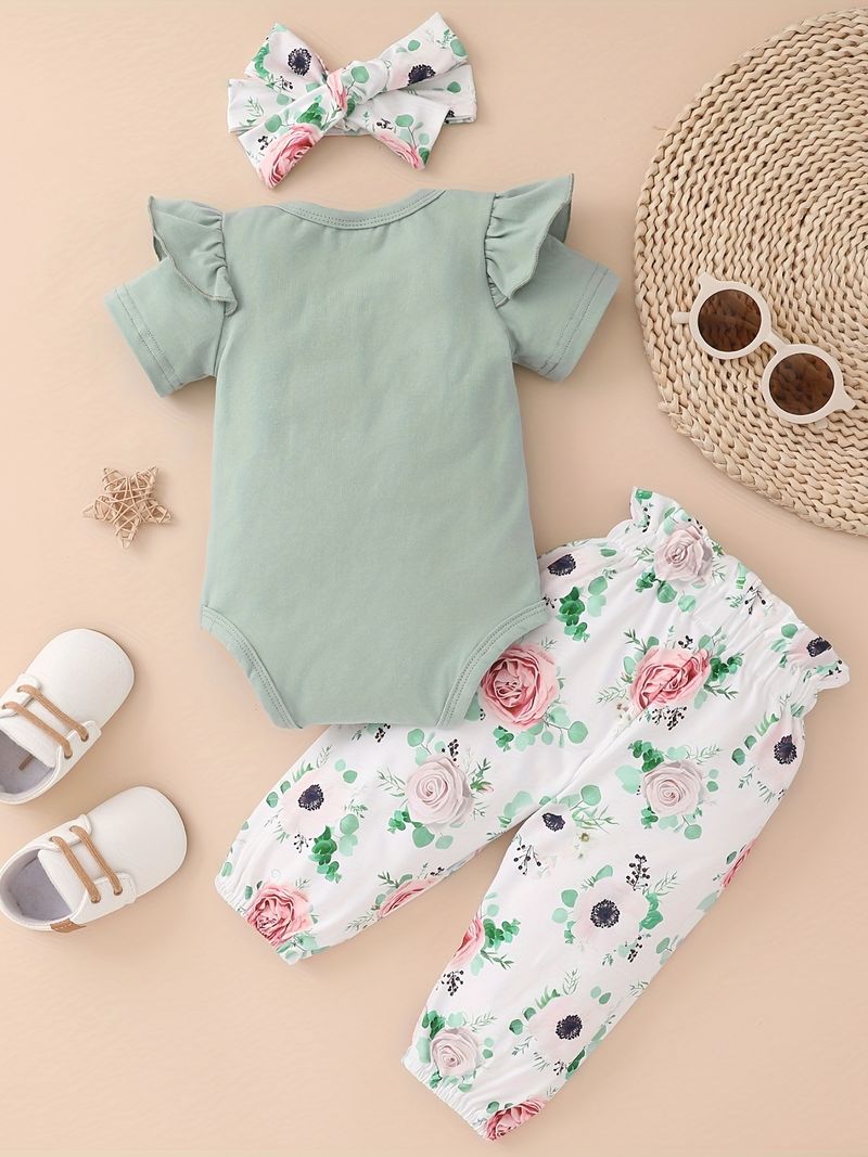 Baby Girls Cotton Short Sleeve Bodysuit Romper + Matching Floral Print Pants + Headband Baby Clothes Summer details 10