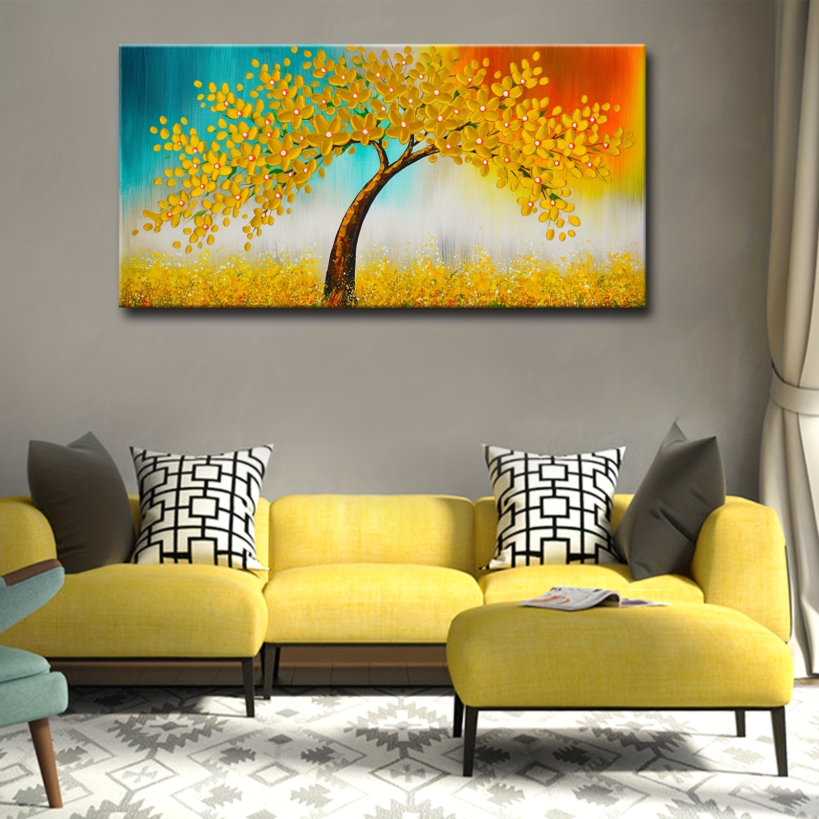 1pc Colorful Tree Wall Decoration - Golden Flower Canvas Painting - Home Decor - Free Shipping