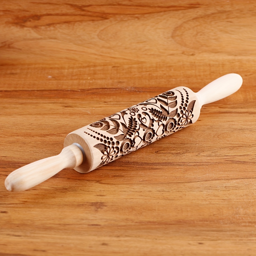  Embossing Rolling Pin Flower Pattern Engraved Wooden