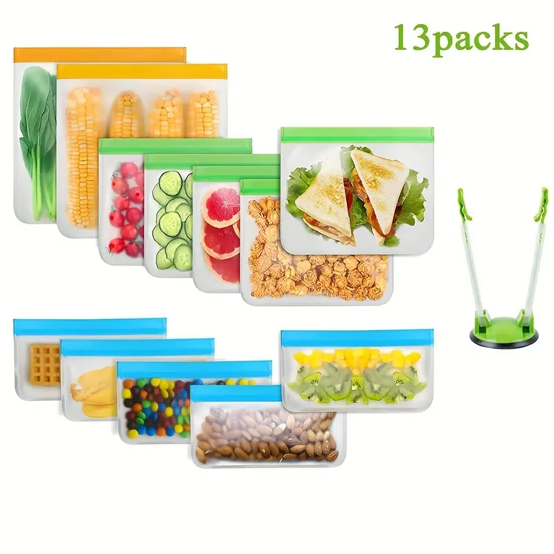 Leakproof Reusable Food Storage Bags - Bpa Free Reusable Freezer Bags (2  Gallon & 5 Sandwich & 5 Snack Size Bags & 1 Sealed Bag Holder Stand ),  Leakproof Freezer Safe Bag