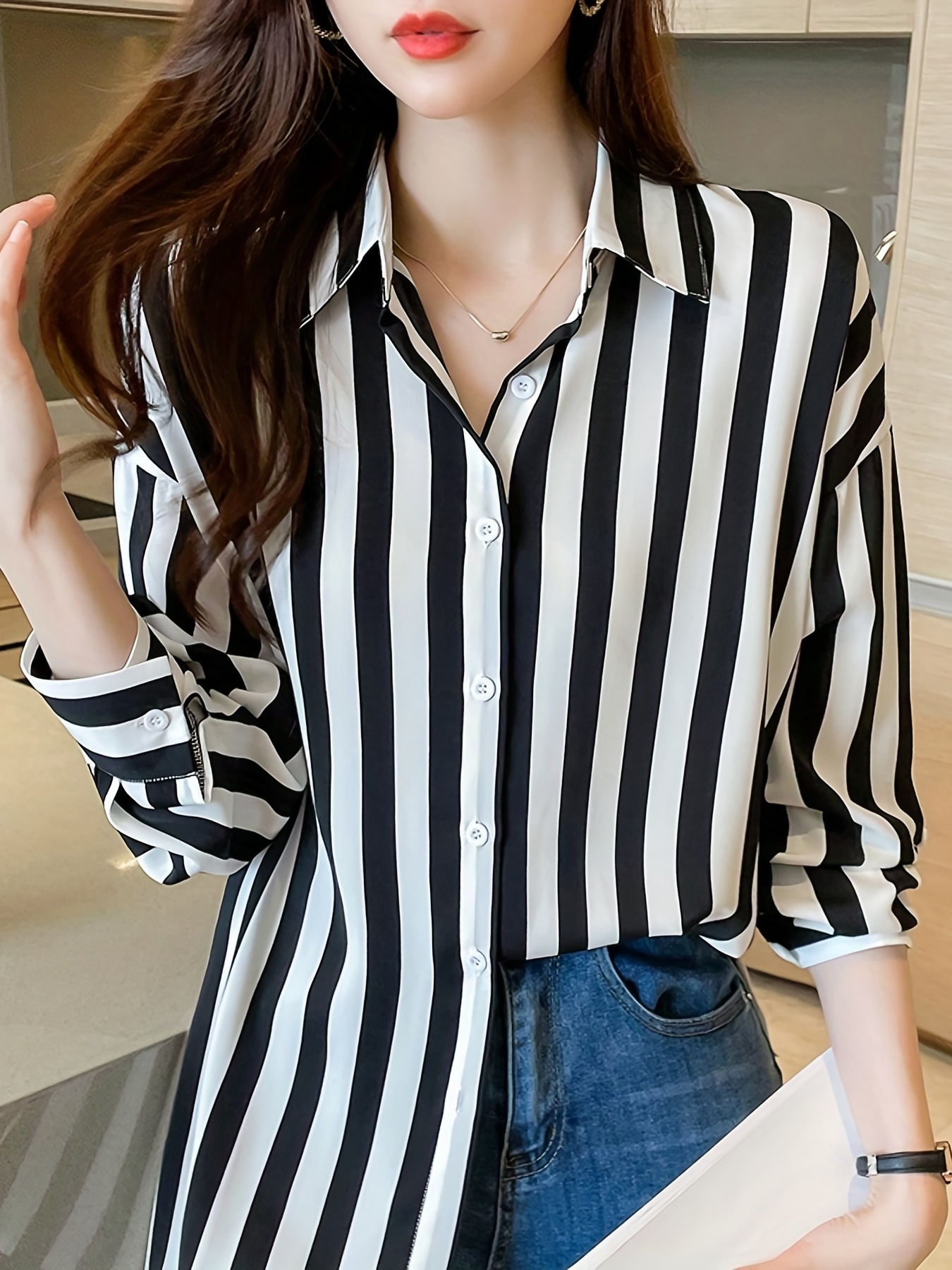 Striped Drop Shoulder Shirt, Casual Button Long Sleeve Shirt For Spring &  Fall, Women's Clothing
