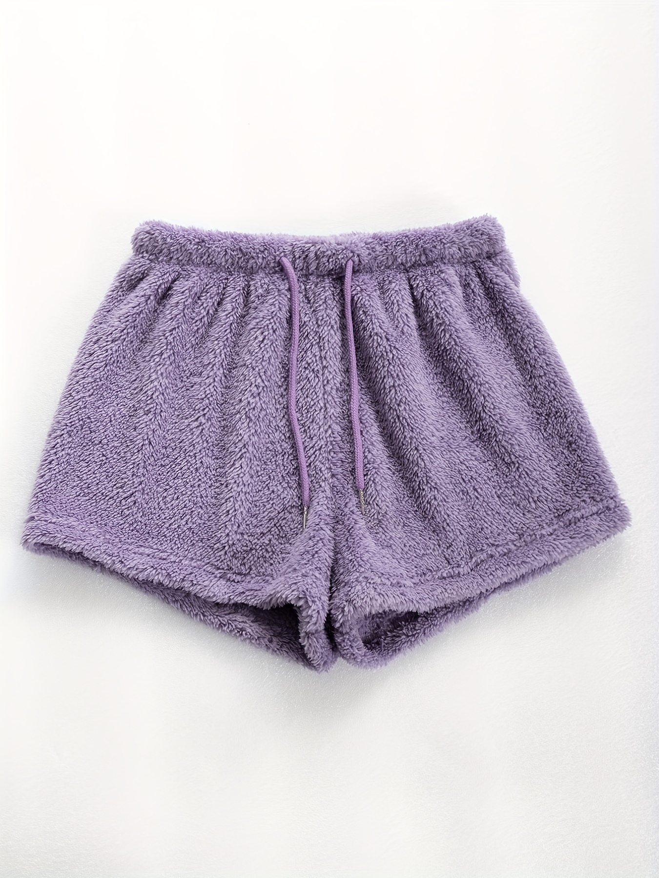 Solid Fuzzy Sleep Bottoms, Soft & Comfy Drawstring Lace Up Shorts, Women's  Sleepwear & Loungewear