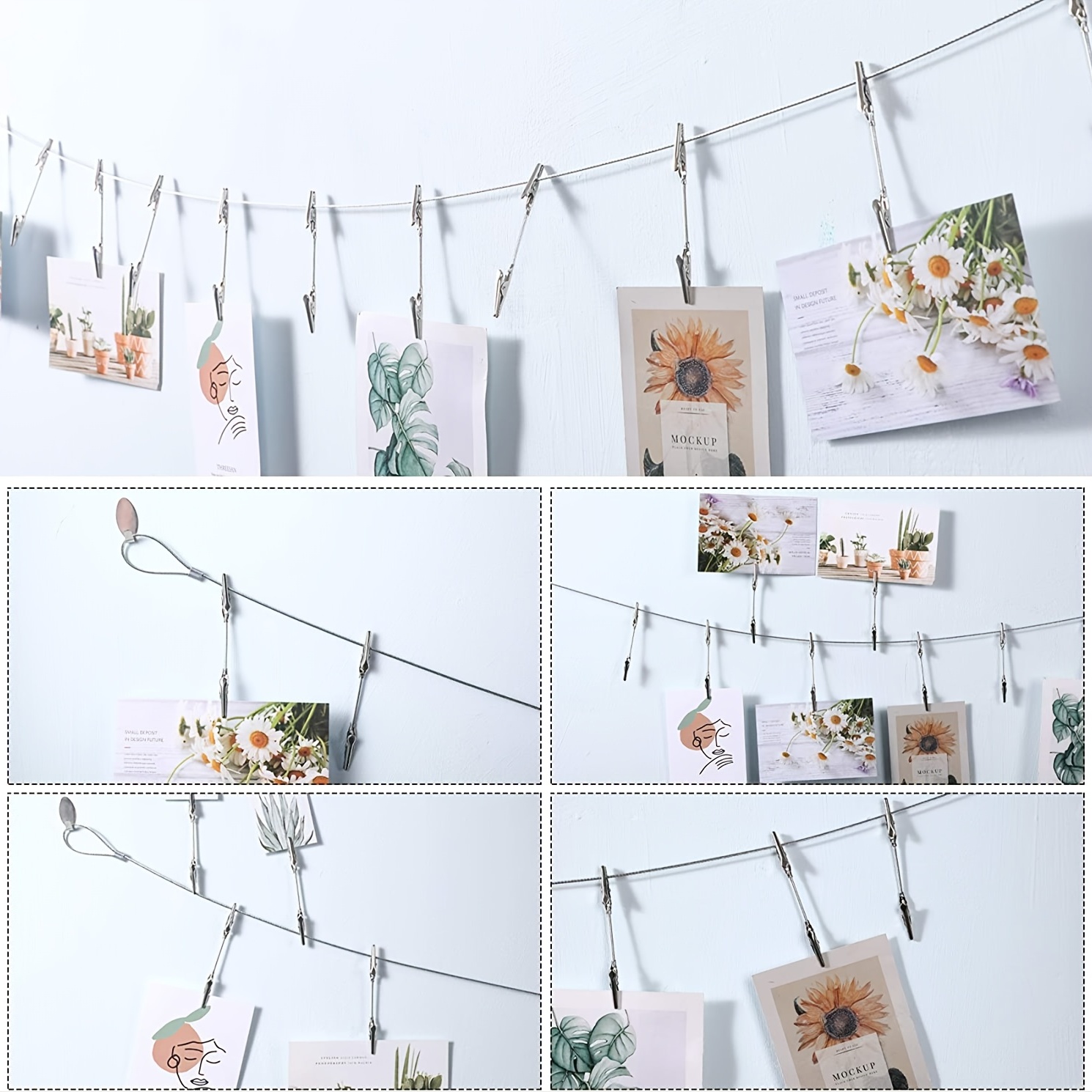 Multi-Purpose Steel Wall Hanging Photo Display Cable Wire Rod String with 12 Clips for Hanging Photos Notes and Artworks (Alligator Clip)