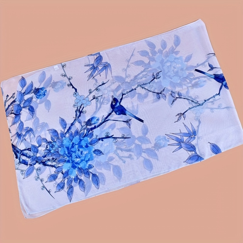 Branch Bird Print Chiffon Scarf Vintage Thin Shawl