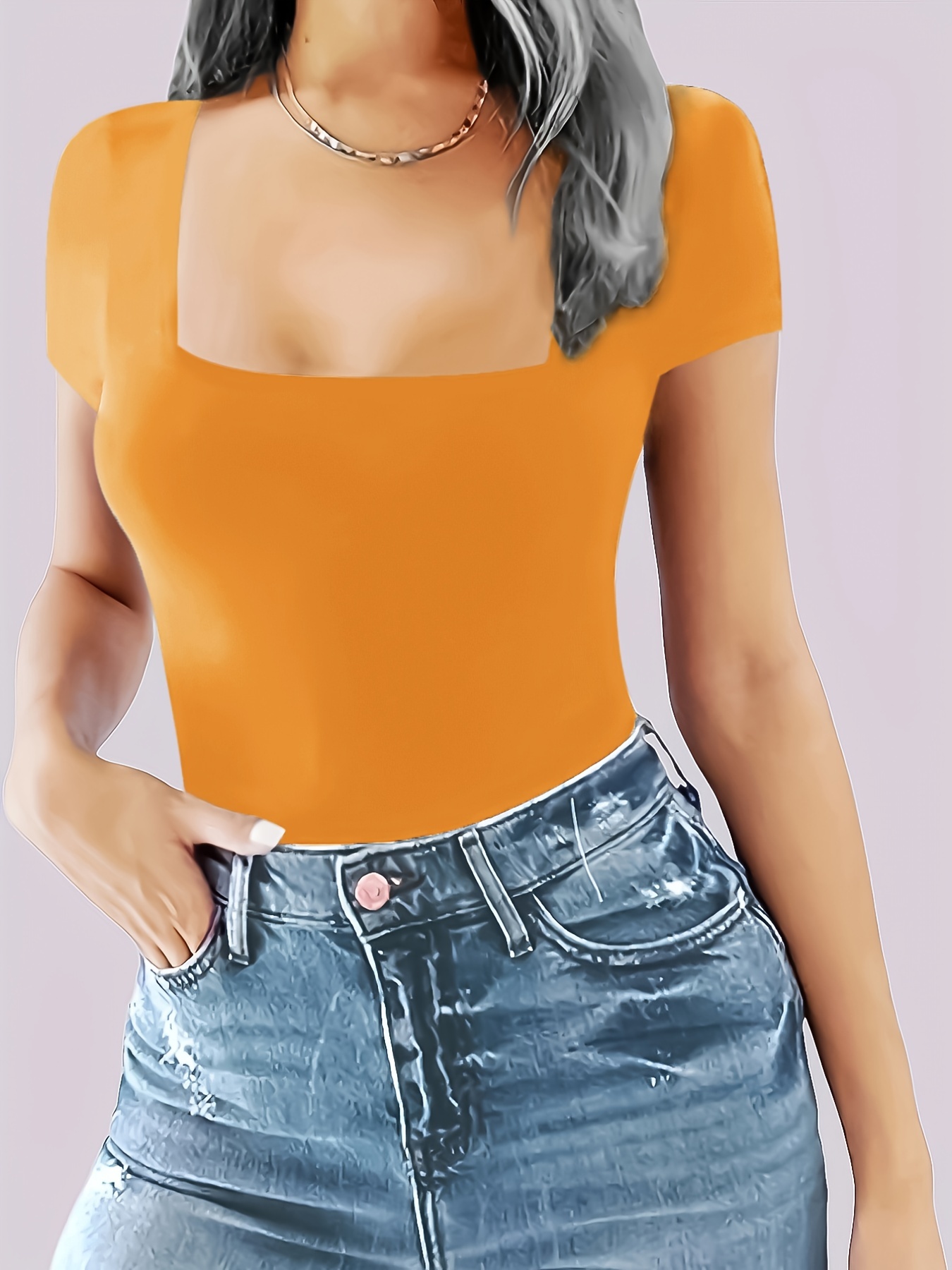 Square Neck Thong Bodysuits - Tank Top / Orange / S