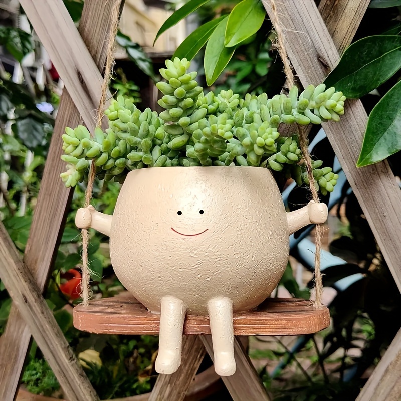 

1pc, Resin Hanging Planter Pot, Rustic Succulent Plant Holder, 3.11in Depth With Smiling , 5.43in Swing Base, Outdoor Garden Indoor Home Decor