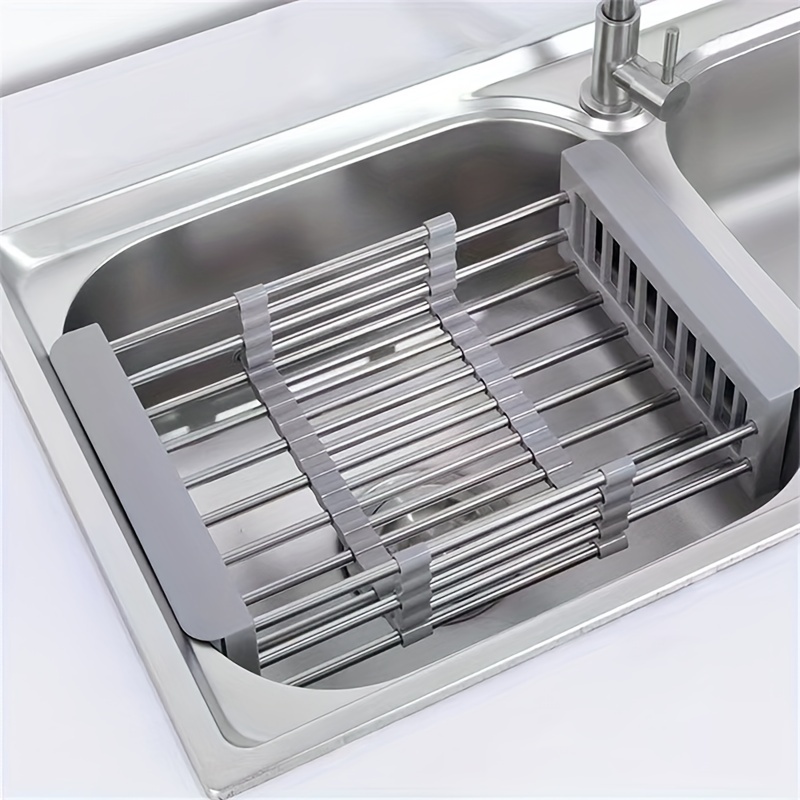 1pc Large Stainless Steel Sink Basket, Expandable Dish Rack For Kitchen,  Suitable For Rectangular Sink
