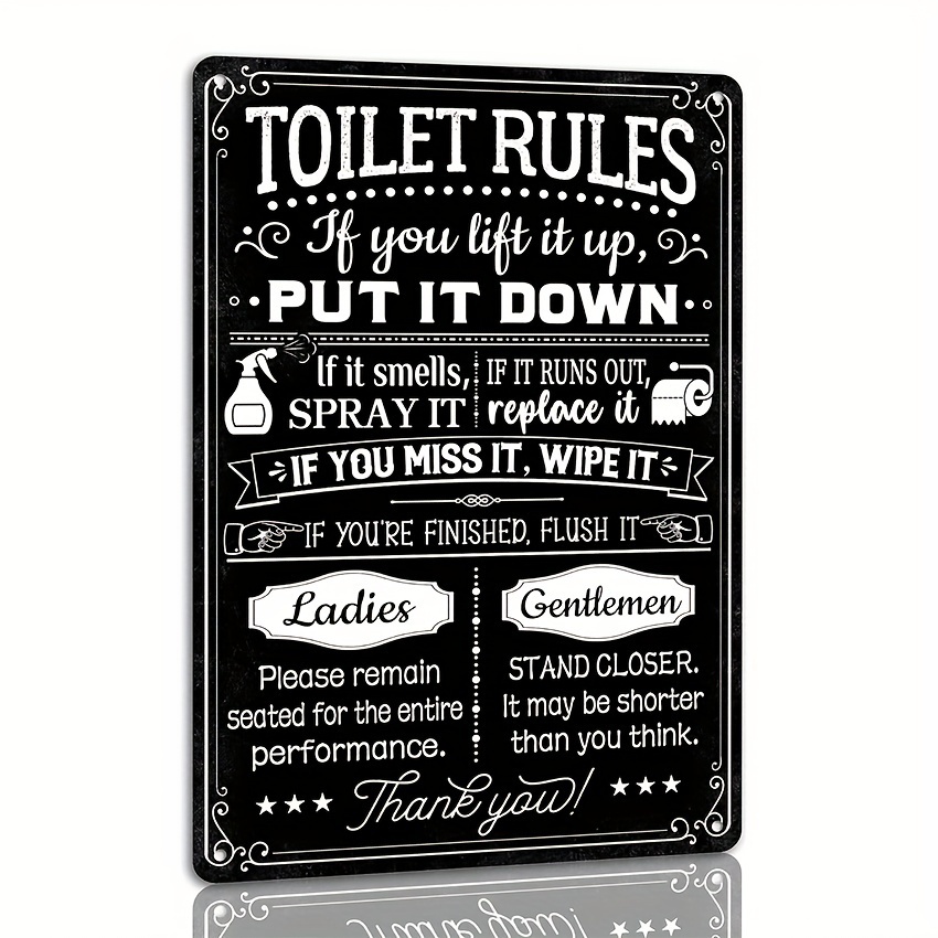 

Funny Metal Toilet Rules Sign For Bathroom - Humorous Bathroom Etiquette Wall Art - English Language, Metal Material With Versatile Mounting For Home, Bar Decor - 1 Piece