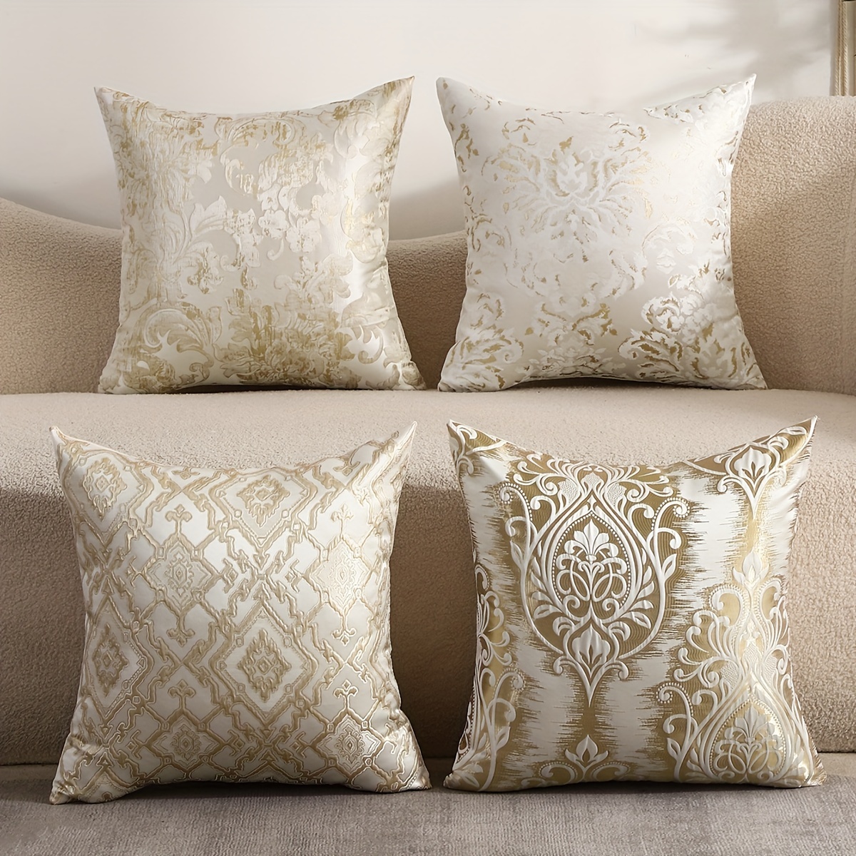 

2pcs, Golden Silk Jacquard Square Simple Style Polyester Cushion Cover, Throw Pillow Cover, Bedroom Accessories, Sofa Cushion Cover, Living Room Throw Pillow Cover (no Pillow Core)