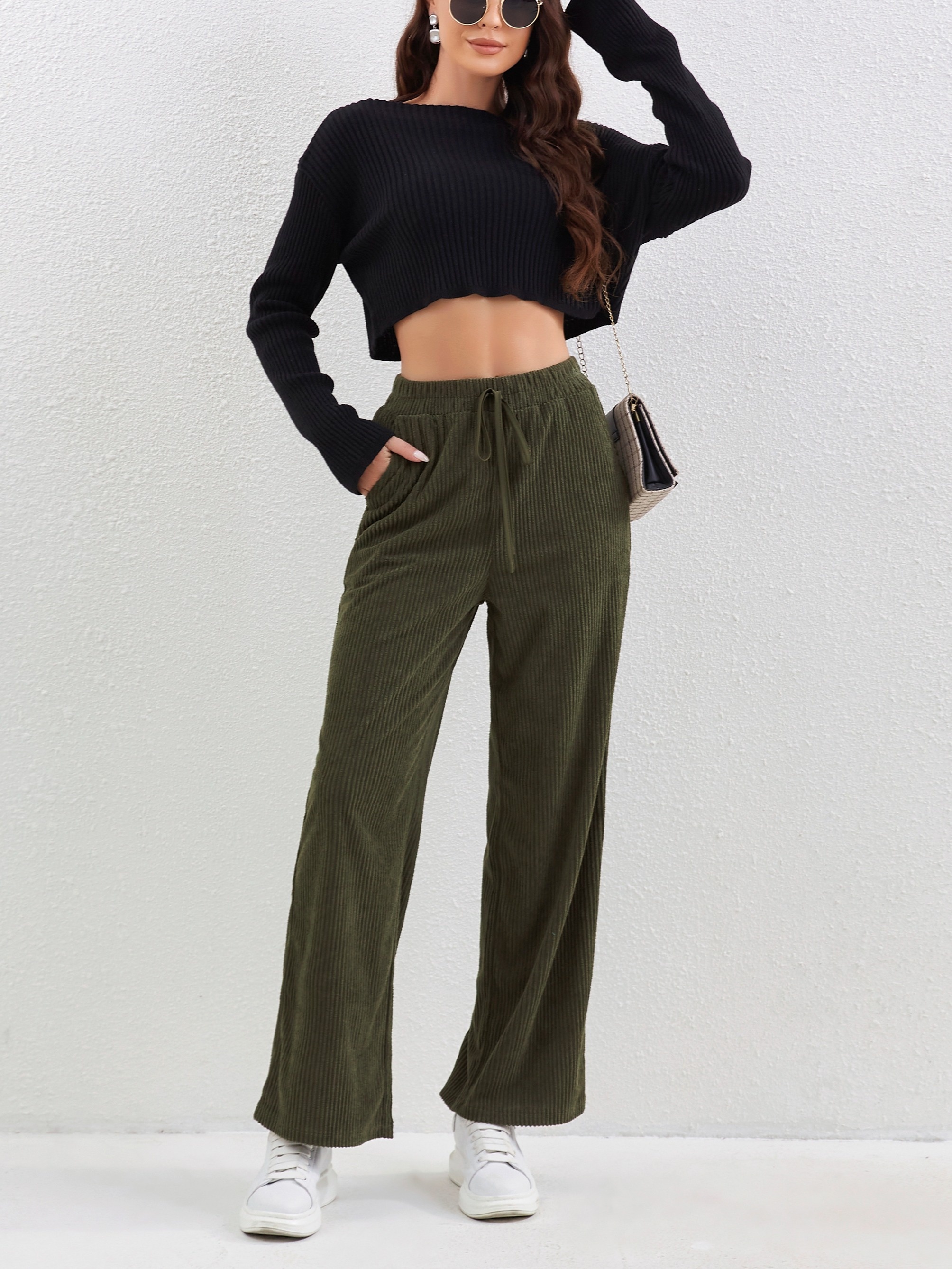Women Corduroy Trousers Solid Wide-Leg Pants Straight Casual Lady Baggy  Trousers