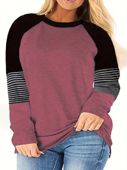 1pc womens plus size color block striped t shirt casual crew neck long sleeve knit top with stretch polyester pullover for spring summer fall