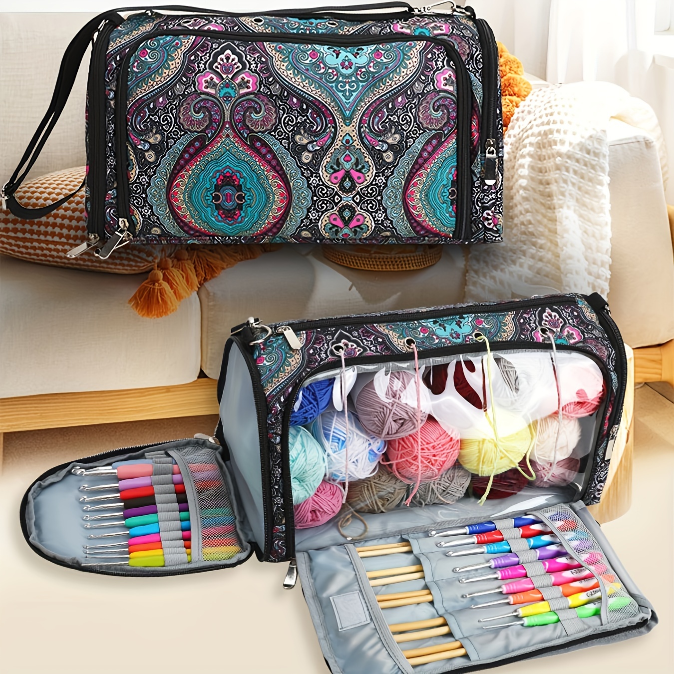 Large Craft Organizer to Store Crocheting & Knitting Supplies Portable Yarn  Storage With 7 Pockets for Tools, Shoulder Strap and Handle 