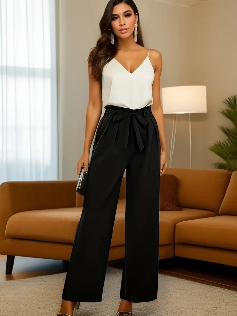 Solid Belted Wide Leg Pants Casual Paper Bag Waist Office - Temu