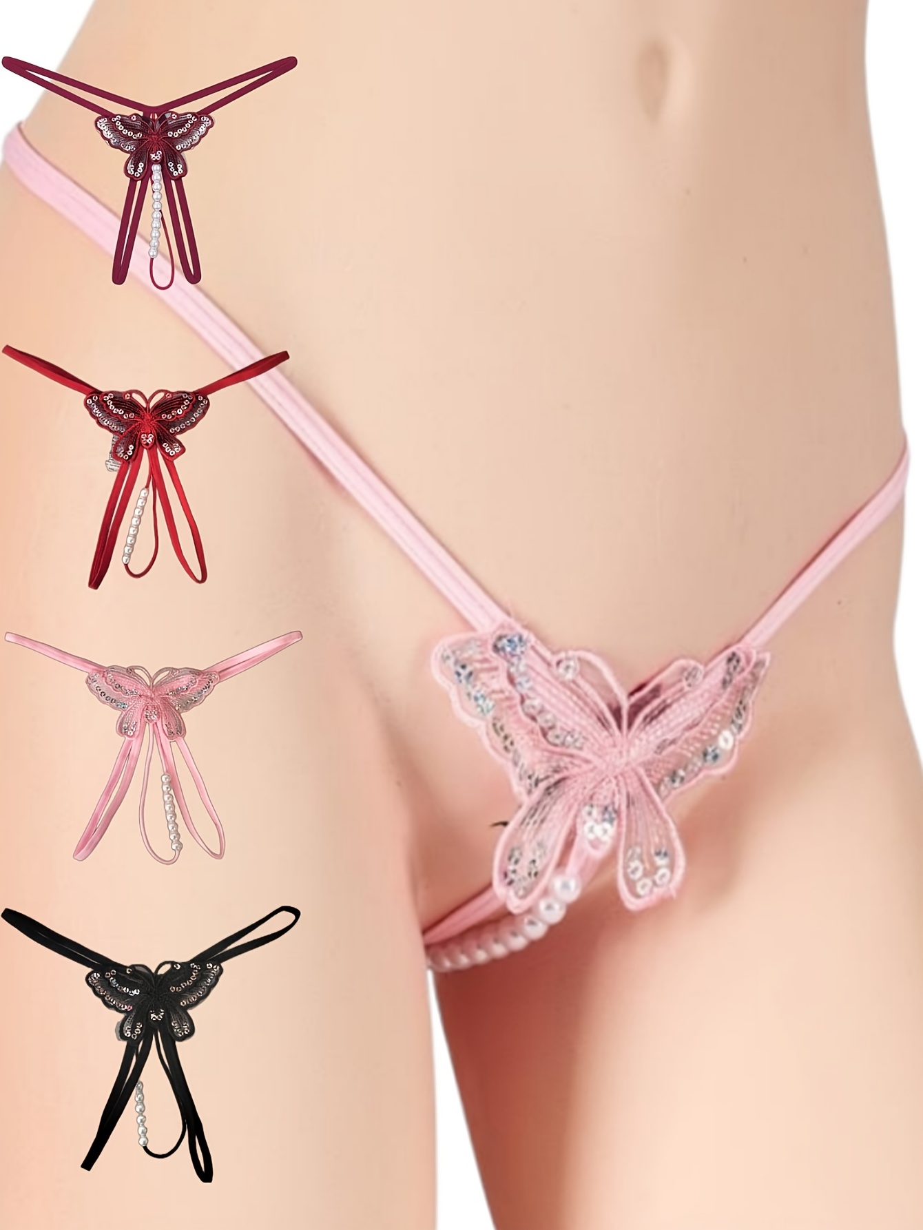 Pink Butterfly Embroidered Seamless Lace Crotchless Thong See