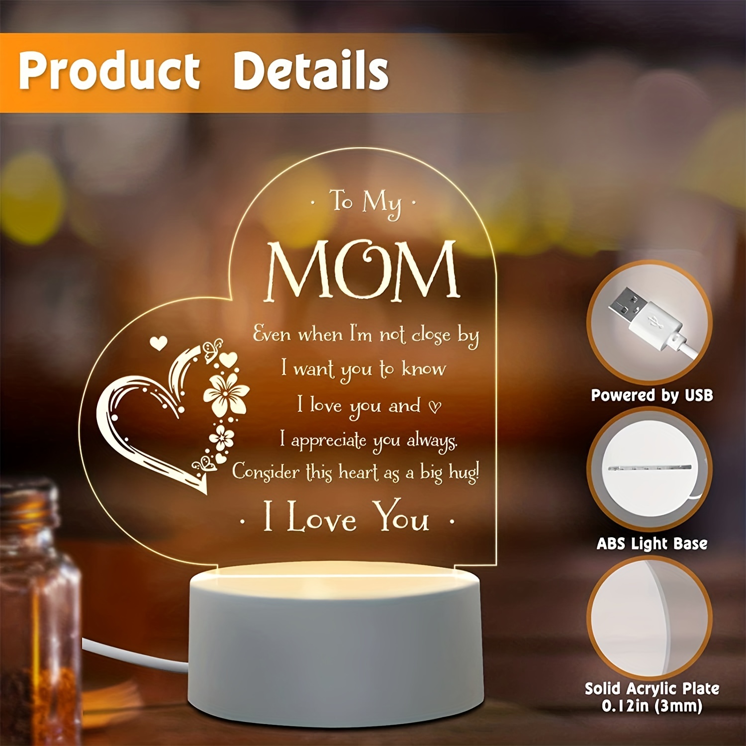 1pc Gifts For Mom - Engraved Night Light, Mothers Day Gifts From Daughter  Son, Mom Birthday Gifts, Mom Gifts On Valentine's Day Christmas, Unique Nigh