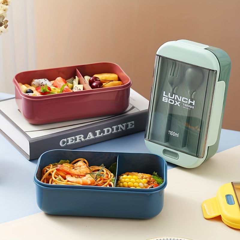 Rectangular Compartmented Lunch Box w/ Chopsticks & Spoons Food Container
