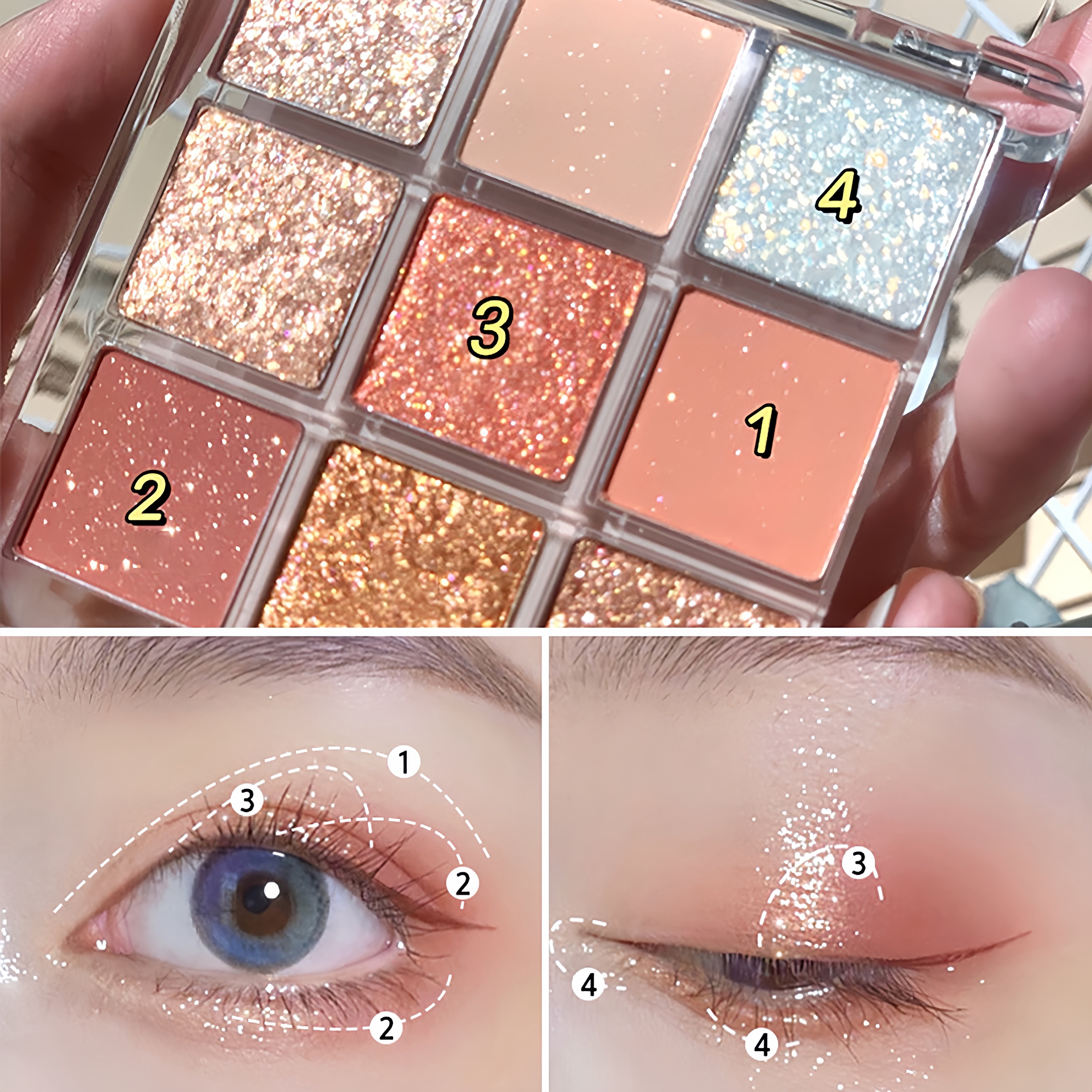 9 color eyeshadow palette pinkish yellow and silvery color waterproof and sweat proof long lasting smudge proof vibrant color eyeshadow matte and pearly glitter finish for music festival details 8