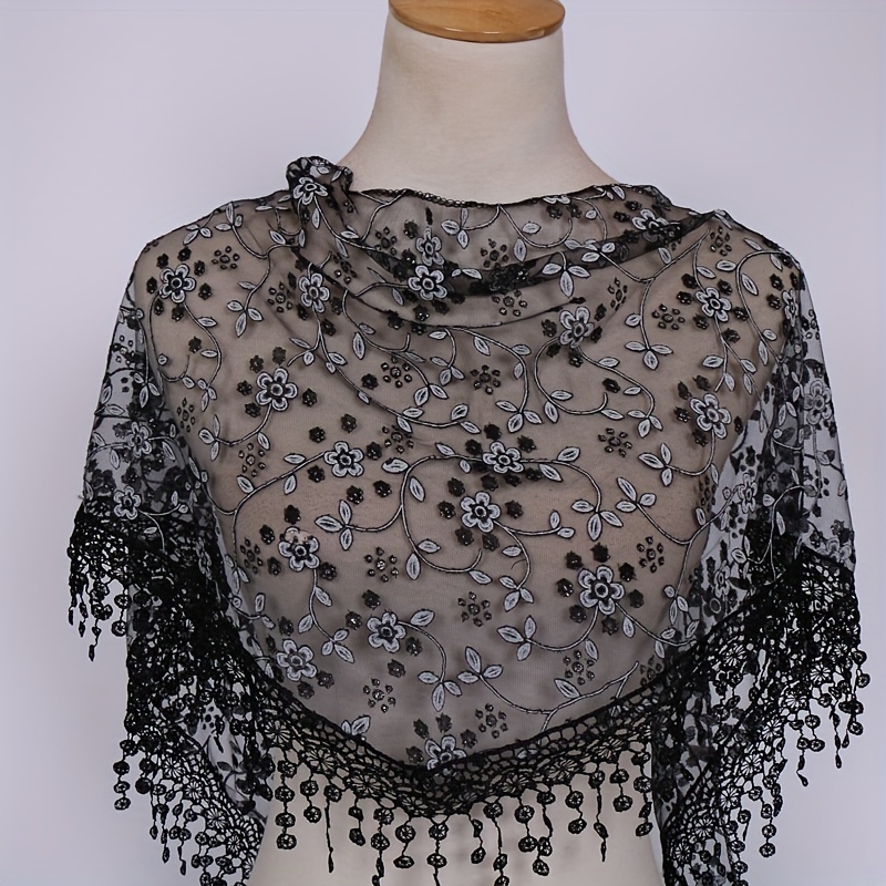 TEMU 1pc Women's Elegant Lace-trimmed Breathable Triangle Scarf Shawl - Solid Color Versatile Wrap For Casual , Machine Washable & Dry , Lace Scarf,