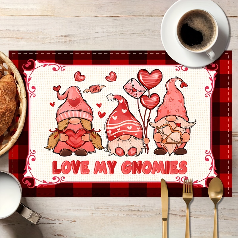 GENEMA 4Pcs/Set Happy Valentines Day Placemat Truck Gnome Wood Grain  Striped Printed Heat-Insulated Waterproof Non-Slip Table Mat for Kitchen  Dining Table Party Decoration 