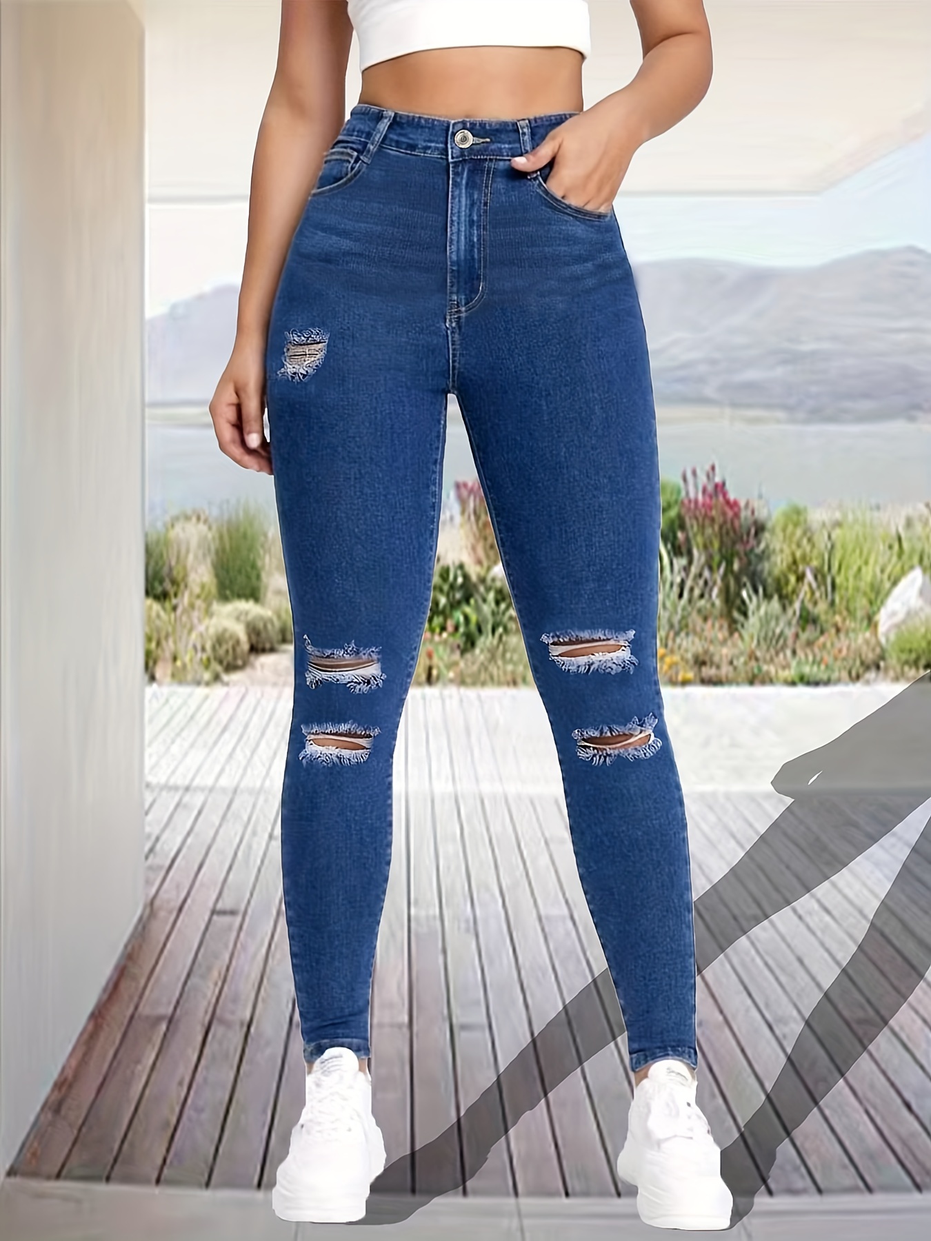 Blue Ripped Skinny Fit Jeans Distressed High Waist Stretchy - Temu Canada