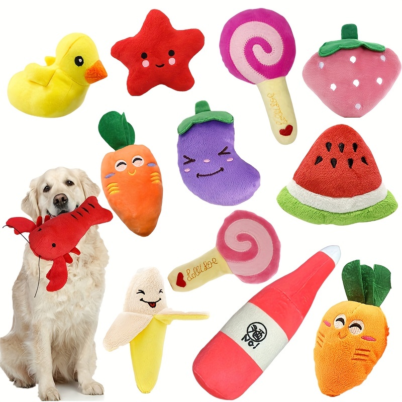 15 Pack Fruit & Vegetable Crinkle Dog Squeaky Toys with a Basket