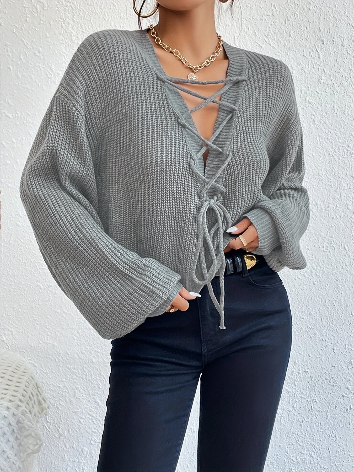 Lace up v hot sale neck sweater