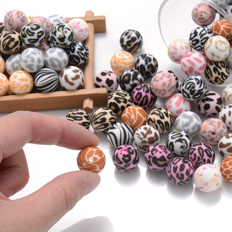 

10pcs 15mm Leopard Camouflage Silicone Colorful Beads Water Transfer Printing Diy Wild Animal Style Bracelet Necklace Key Bag Phone Chain Jewelry Making Supplies