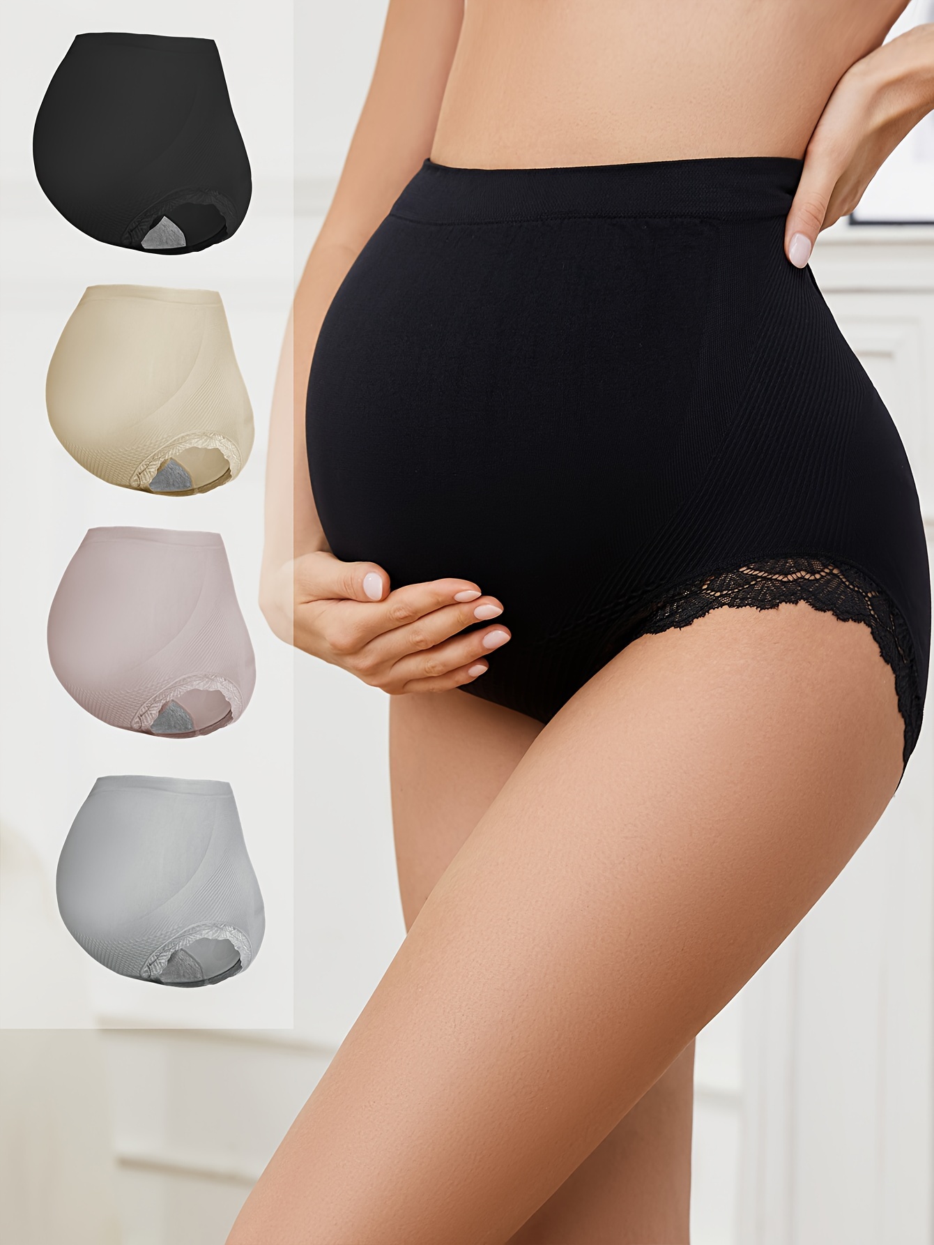 Maternity Panties High Waist Anti-slip Tummy Control Pregnant Women's  Leggings With Lace Solid Color Panties