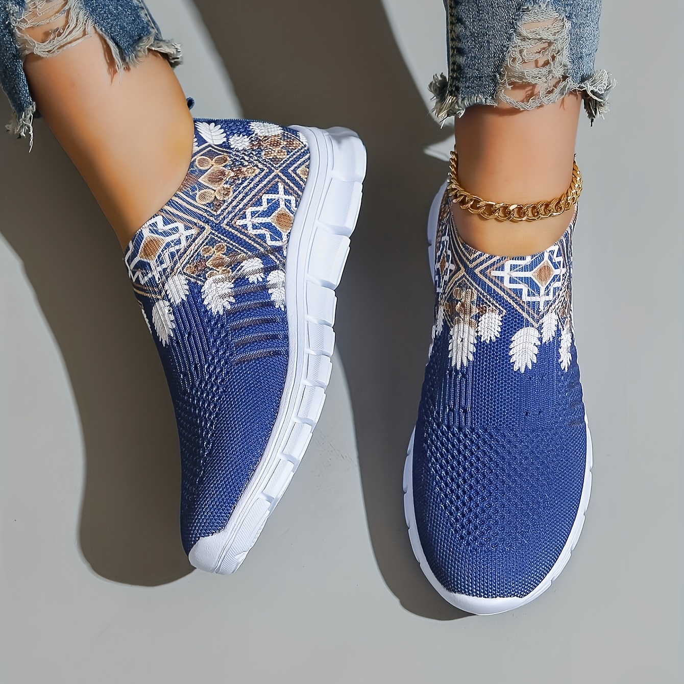

Women's Flower Print Sock Sneakers, Lightweight Knitted Elastic Slip On Trainers, Casual Breathable Low Top Shoes