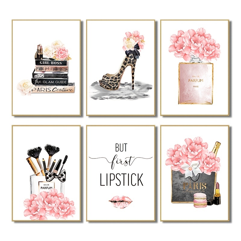 6pcs/set Lipstick Perfume High Heels Fashion Poster Wall Art Makeup Floral  Print Canvas Art Painting Wall Picture Modern Girl Room Home Decoration No  Frame - Home & Kitchen - Temu