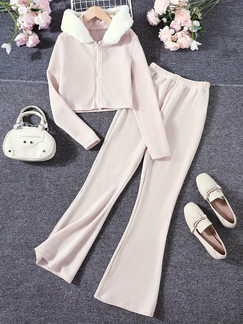 Girls Comfy Outfits Set Zip Long Sleeve Jacket + Flare Pants - Temu