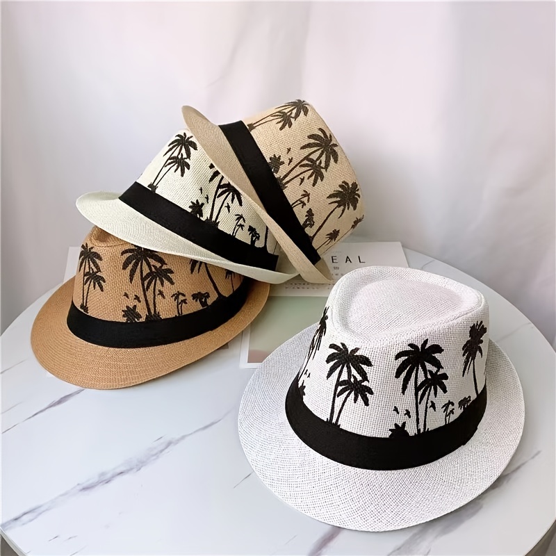 Retro Straw Fedora Hat For Men - Stylish Coconut Tree Print Sun Protection  For Outdoor Activities - Sports & Outdoors - Temu