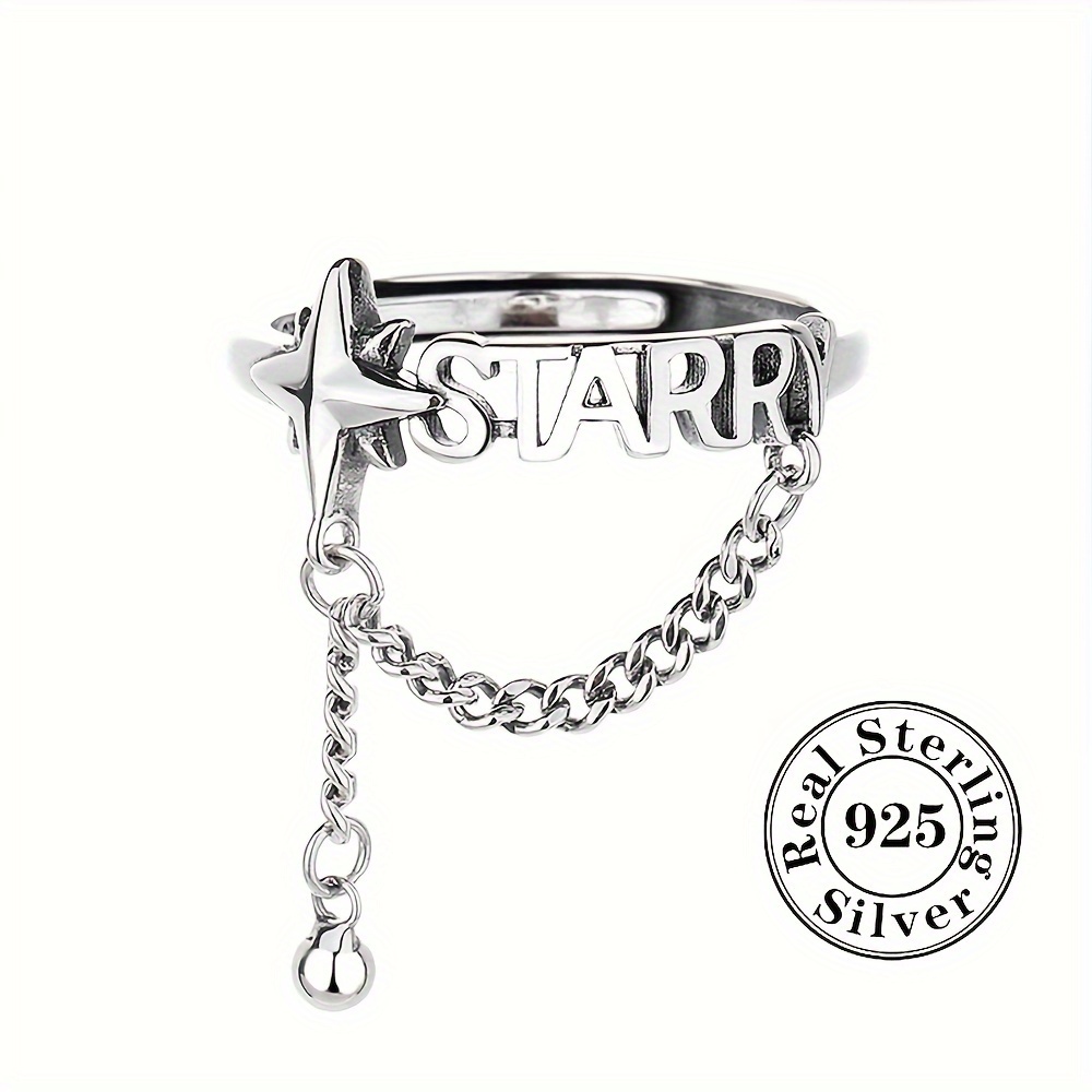 

1pc Men's And Women's S925 Pure Silvery English Letters And Stars Chain Splicing Tassel Round Ball Opening Adjustable Ring Ins Low Allergy Ring About 2.9g