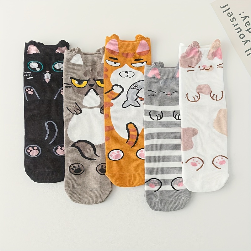 5 Pares Calcetines Estampado Gato Dibujos Animados Cómodos - Temu