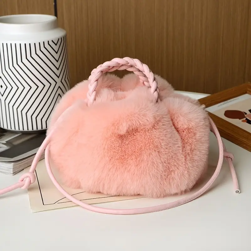 1pc girls fashionable solid color plush crossbody bag handbag versatile princess bag details 9