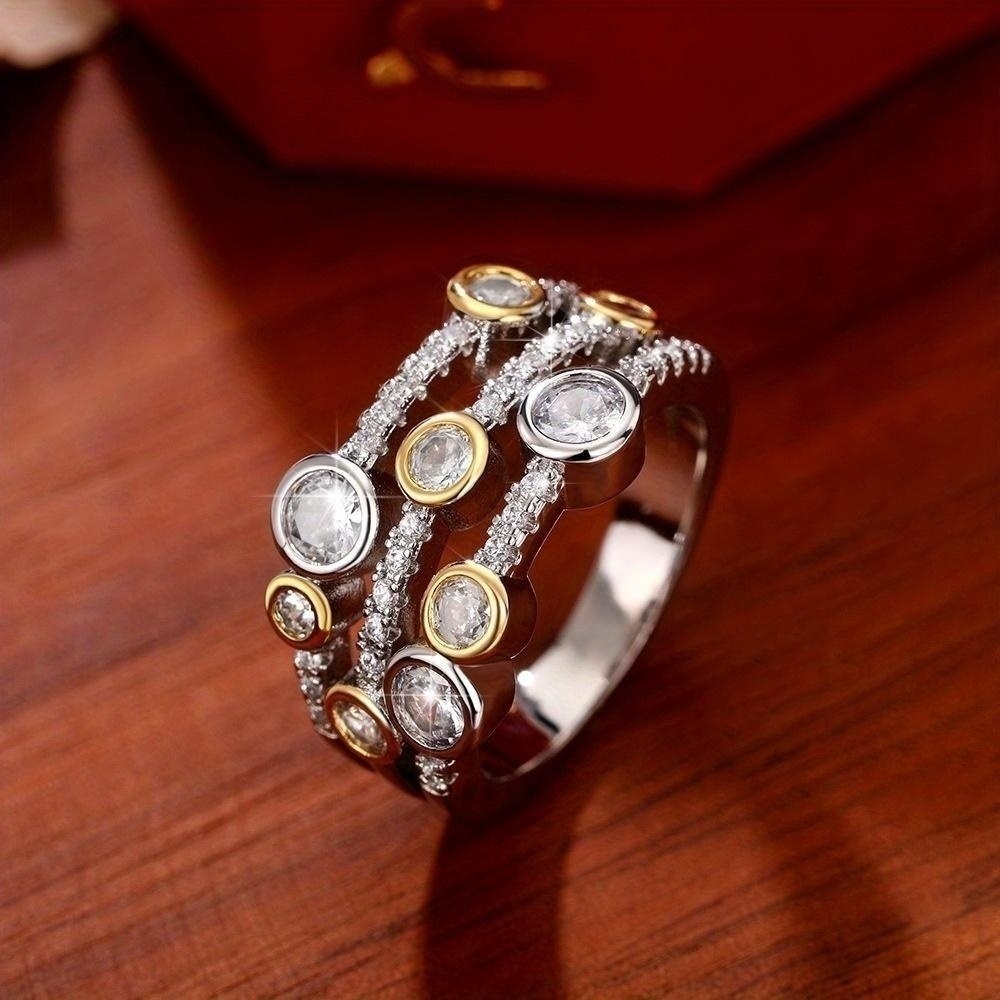 Multilayer Hollow Ring Silver Plated Two Tone Zircon Rings - Temu