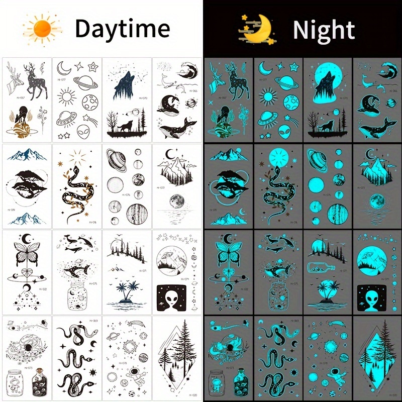 glow in the dark temporary tattoos 16 sheets of blue luminous adventure waterproof stickers for adults featuring mountains rivers wolves whales planets moon stars perfect for music festivals parties details 4