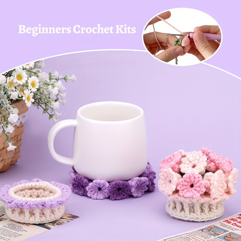 Crochet Kit for Beginners-4PCS Coaster Flower Pot Crochet Kits Coaster  Crochet Starter Kit with Crochet Yarns ,Hooks, Easy Videos Tutorials to  Crochet