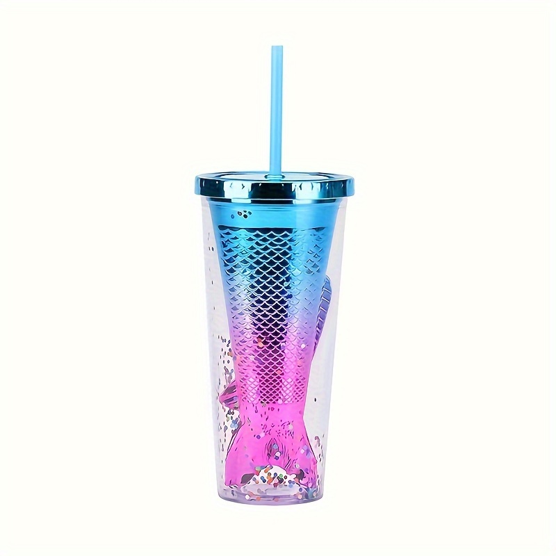 Gradient Color Mermaid Straw Cup Double layer Plastic Water - Temu