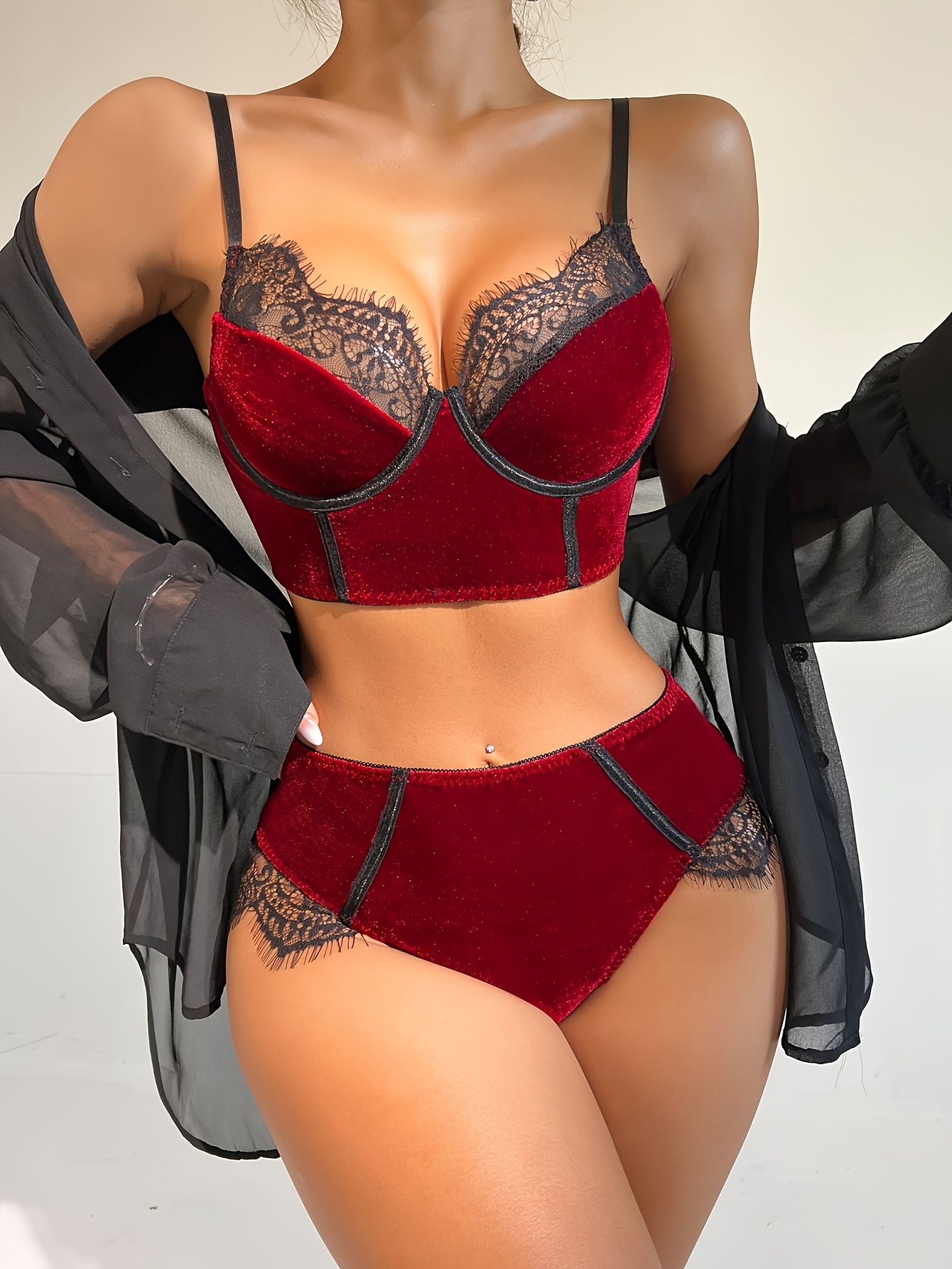 Sexy Contrast Lace Velour Lingerie Set with Push Up Bra and Strappy Cheeky  Panties - Women's Underwear for a Seductive Look