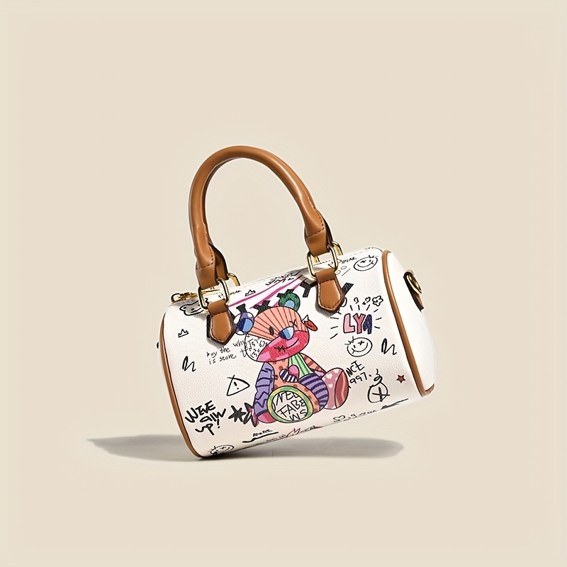 Cartoon Bear Graffiti Print Handbag, Trendy Y2K Crossbody Bag, Vintage  Boston Bag Purse For Women