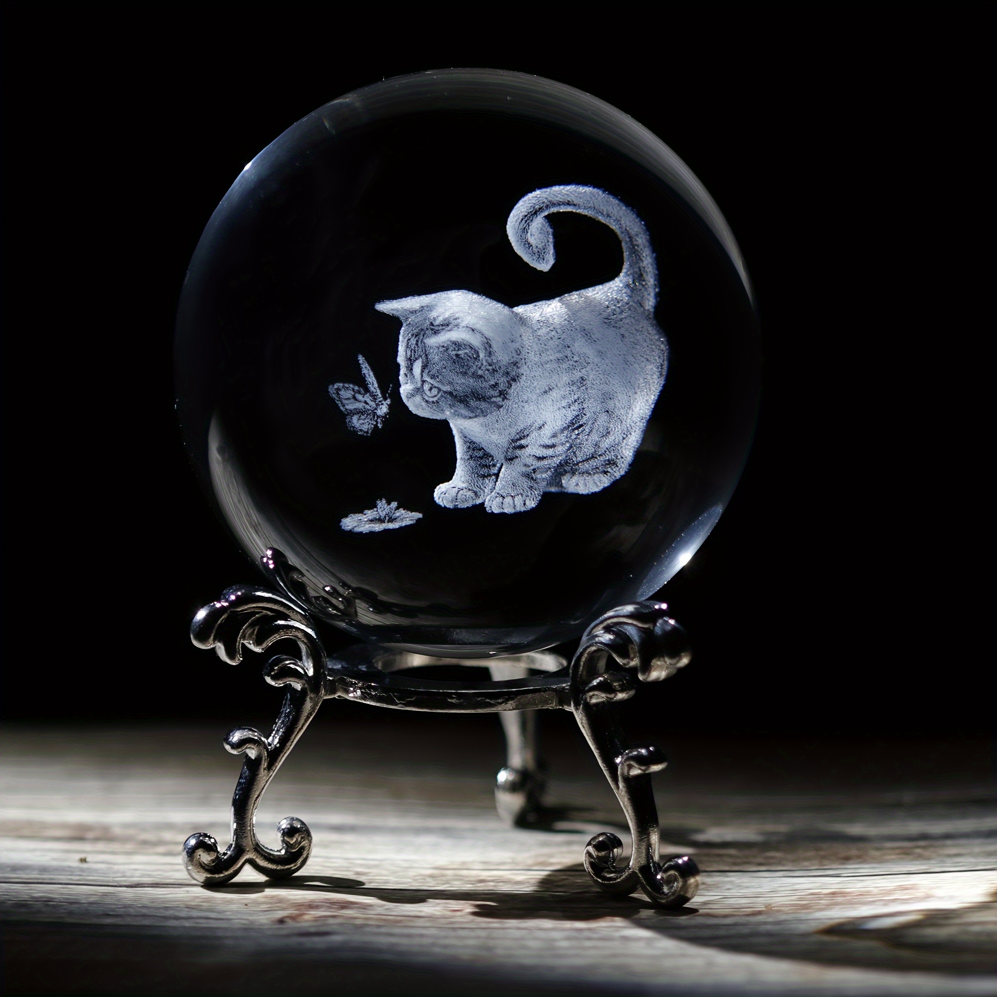 

1pc, 2.36 Inches Cat Crystal Ball With Stand, 3d Laser Engraved Cat And Butterfly Figurine Crystal Glass Ball, Sphere Paperweight Decorative Cat Lover Gifts, Home Decor, Room Decor, Gift
