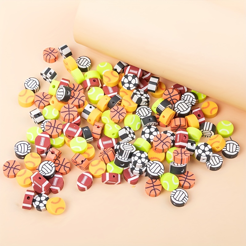 

100pcs Sports Theme Basketball Football Volleyball Rugby Baseball Design Flat Loose Spacer Beads For Diy Bracelet Necklace Jewelry Making Supplies