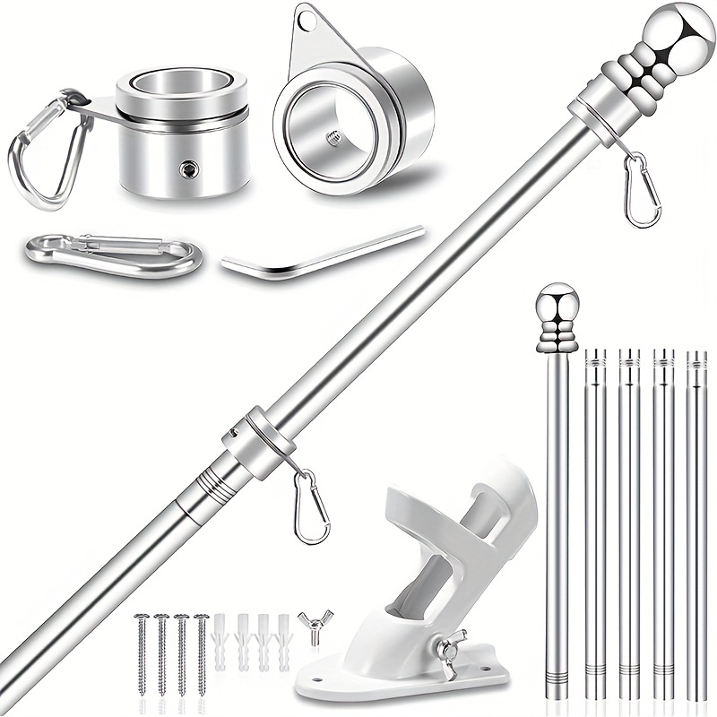 1set 6 ft flag pole sectional kit wall flagpole flag pole for house with rotating rings and flag pole clips stainless steel adjustable pole for commercial or residential easy to assemble and storage silvery