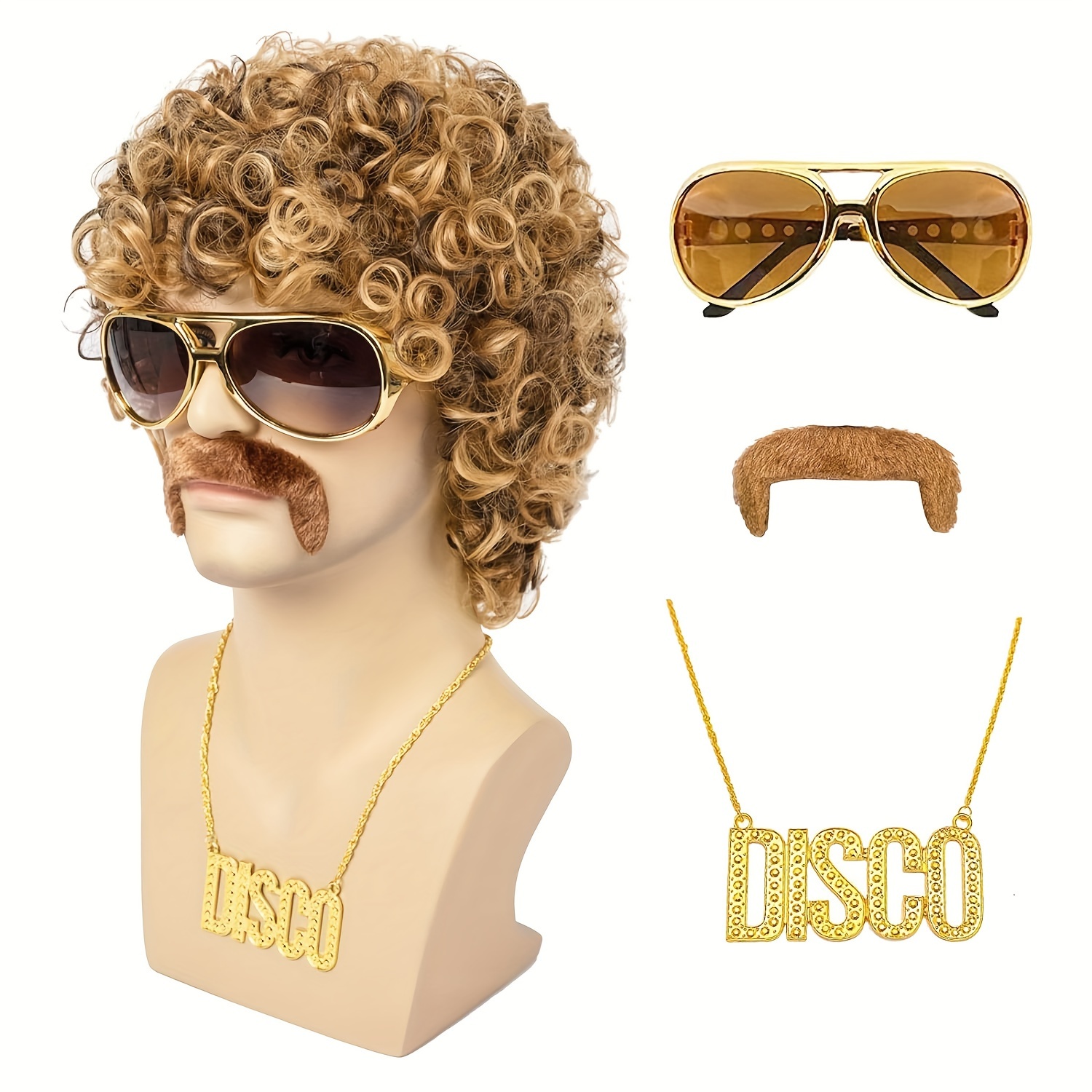 JoneTing 5 Pcs Disco Wig { 1 Gold Necklace + 1 Brown Beard +1  Glasses+1 Wig Cap} Dark Brown Short Wavy Wig for Men Synthetic Afro Wig for  Party 70's