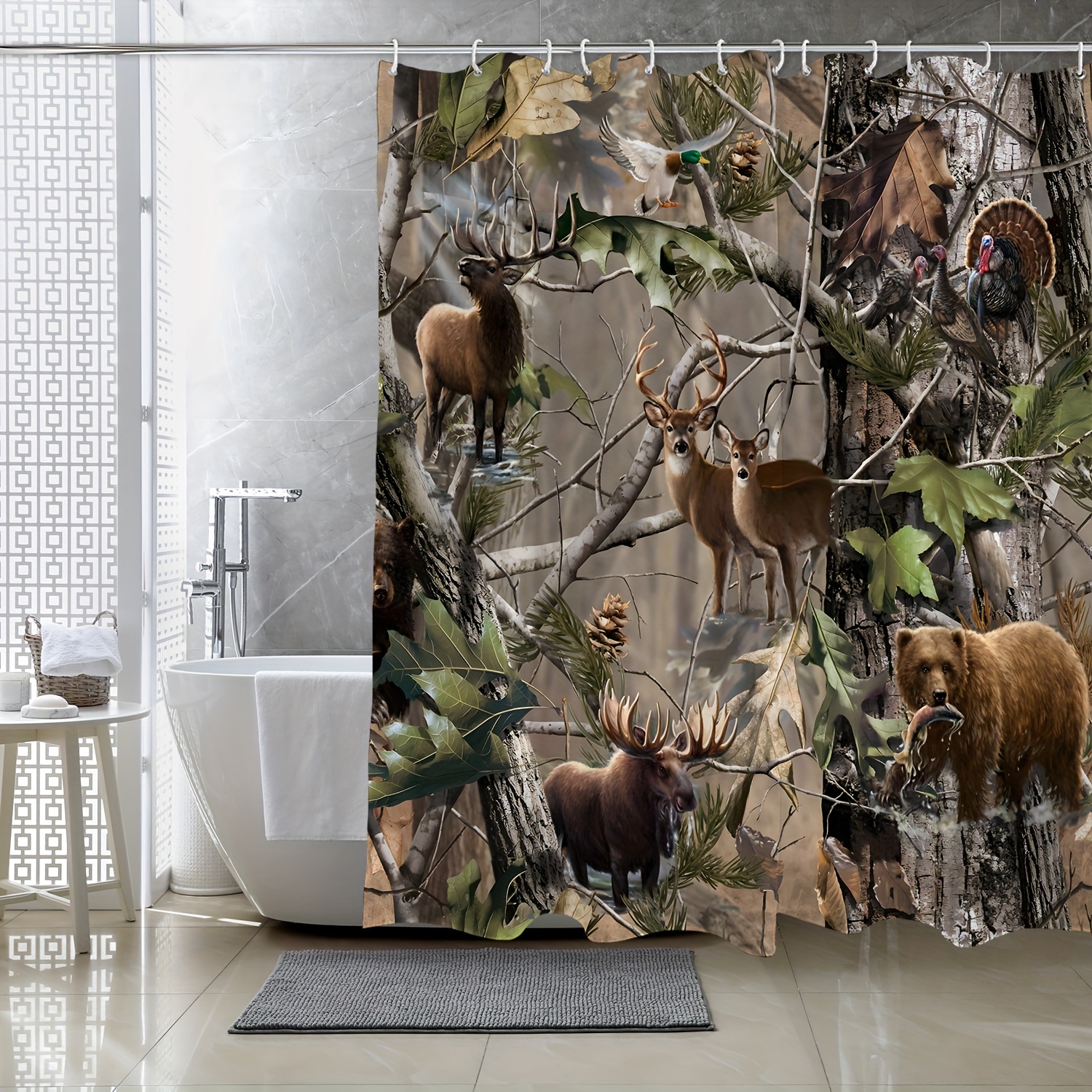 Camo Shower Curtain Black American Flag Elk Moose Wildlife - Temu