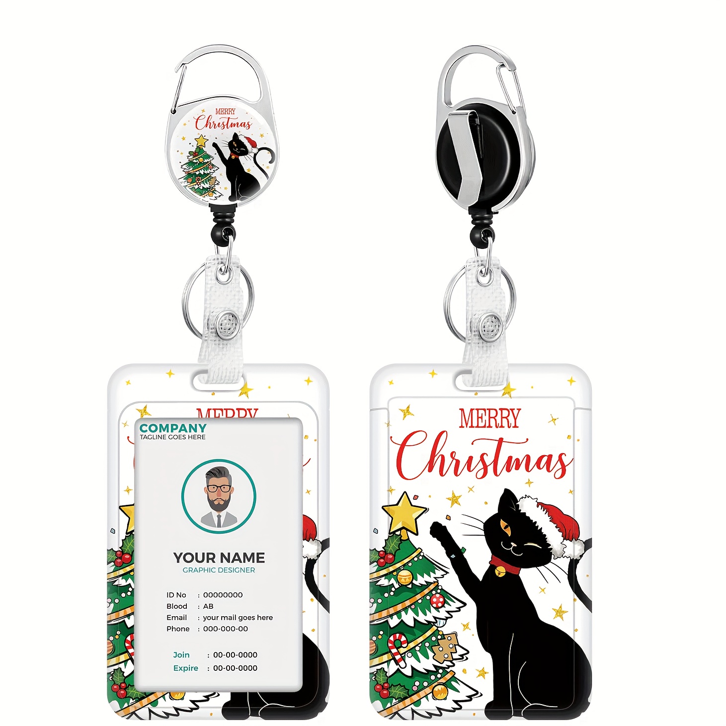 Christmas ID Badge Holder With Lanyard, Black Cat Lanyards For ID Badges,  Tree Badge Reels Retractable, ID Card Holder With Retractable Keychain