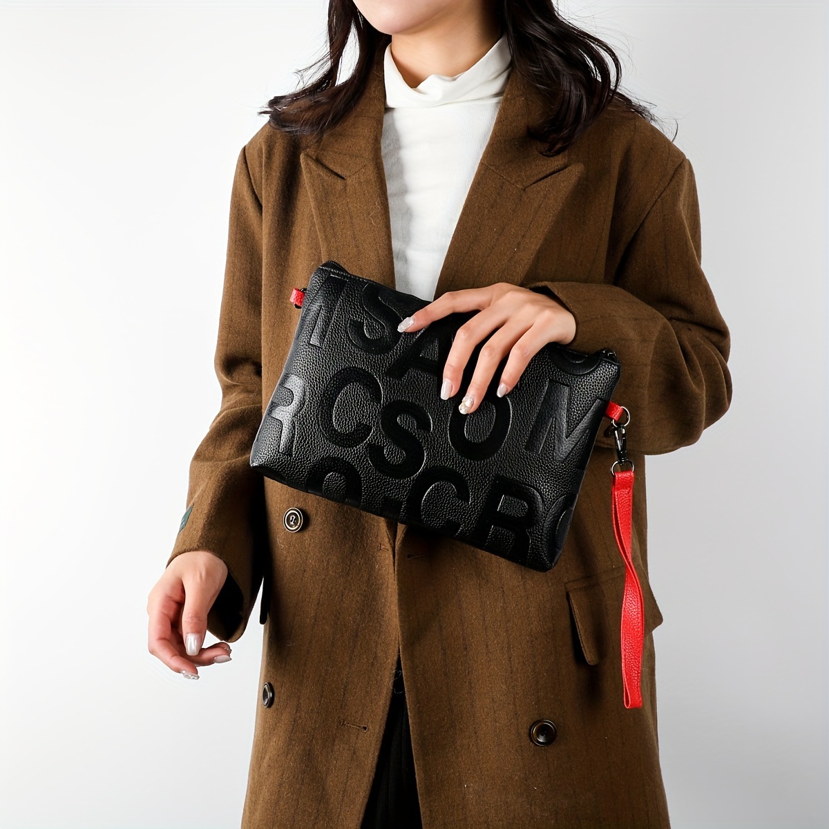 Letter Embossed Handbag Trendy Faux Leather Shoulder Bag - Temu