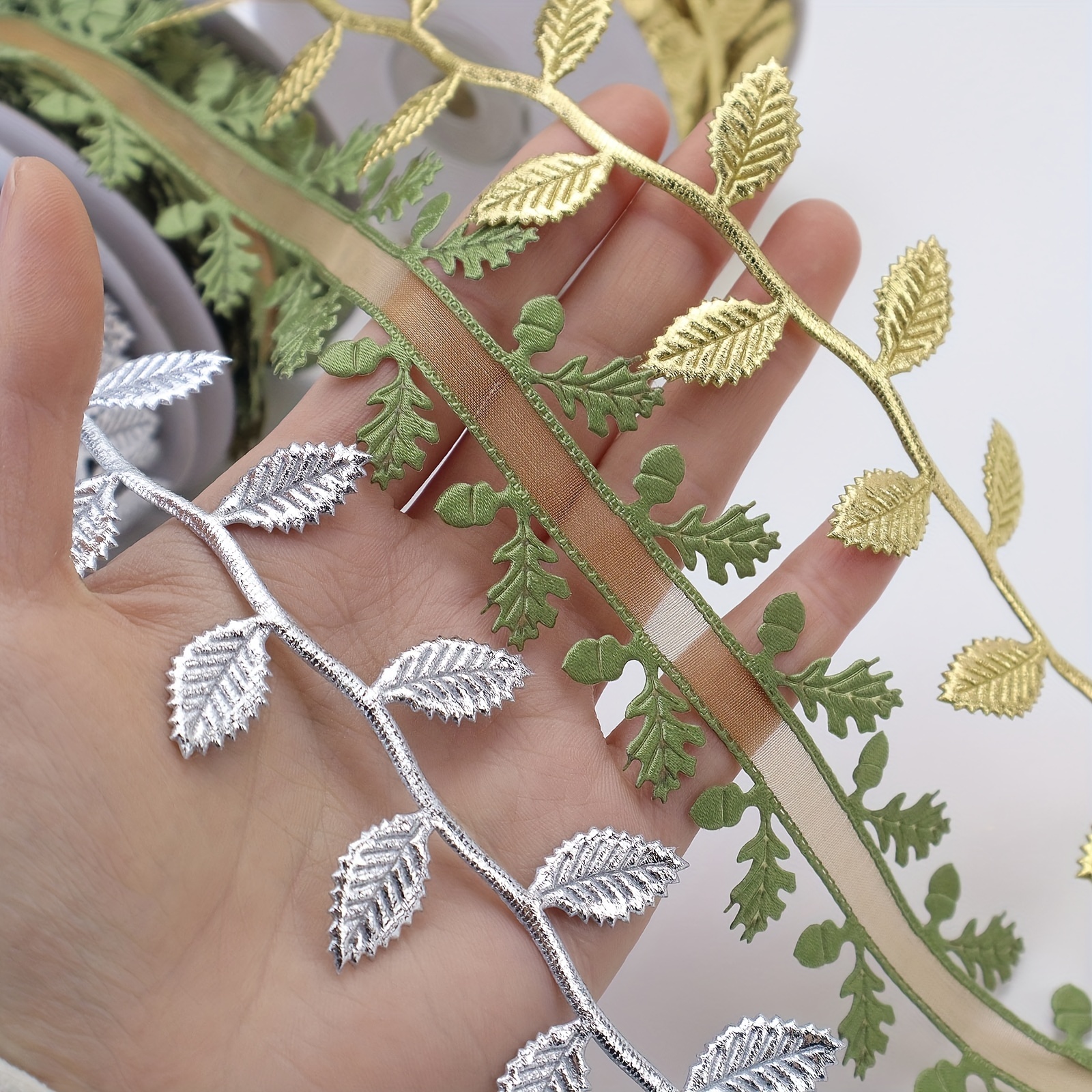  20 Yards Leaf Ribbons Olive Leaves Silver Sequins