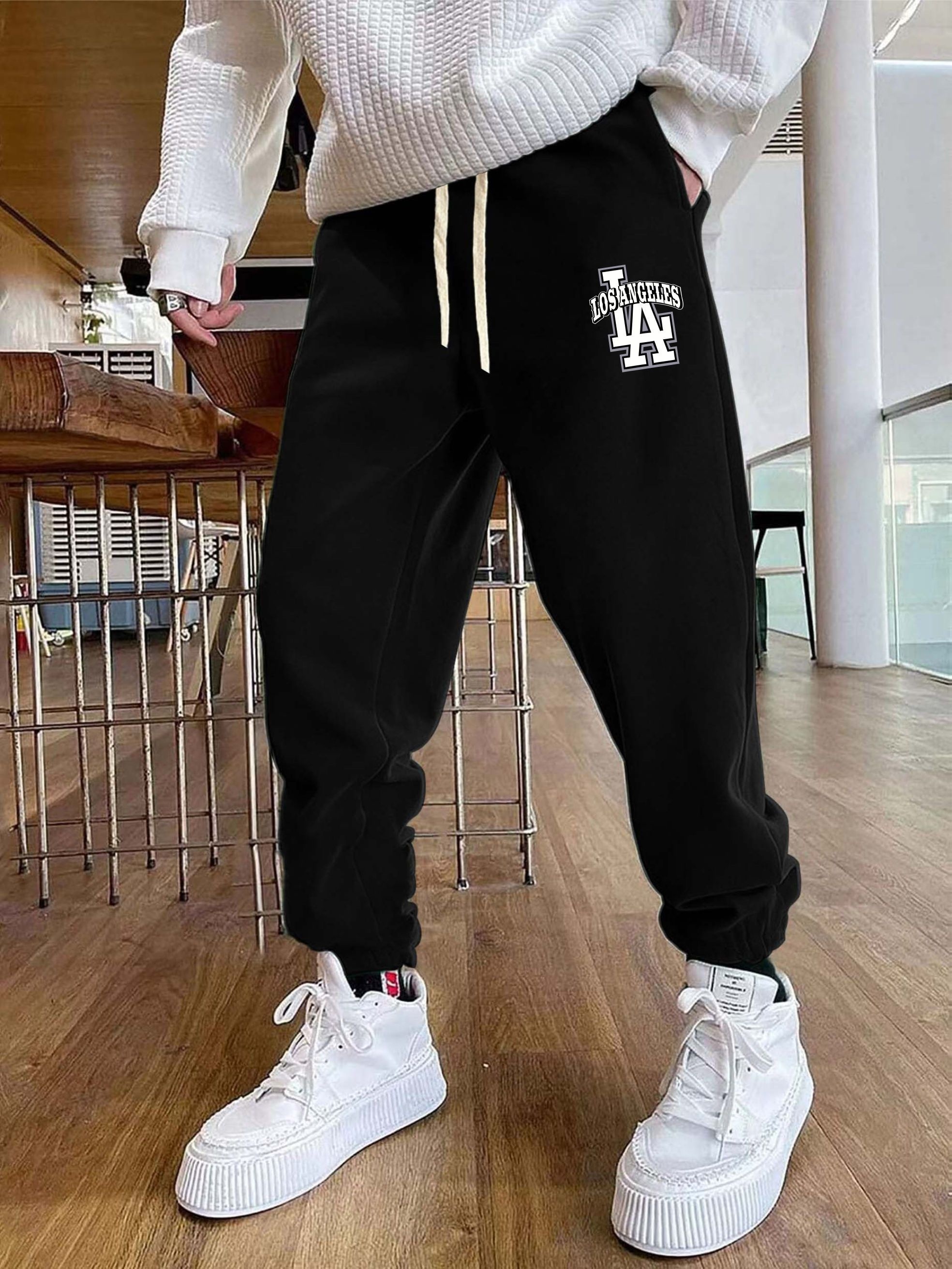 Casual Slight Stretch Letter Graphic Pants, Men's Print Joggers Loose Fit Waist Drawstring Sweatpants, Sports Pants Pants,Mens Pj Pants,Temu